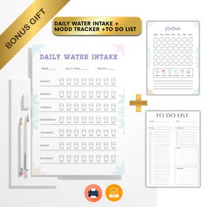May include: A printable set featuring a Daily Water Intake tracker, a Mood Tracker, and a To Do List. The water tracker includes rows for each day of the week with glass icons. The mood tracker has circular date markers and emoji faces.