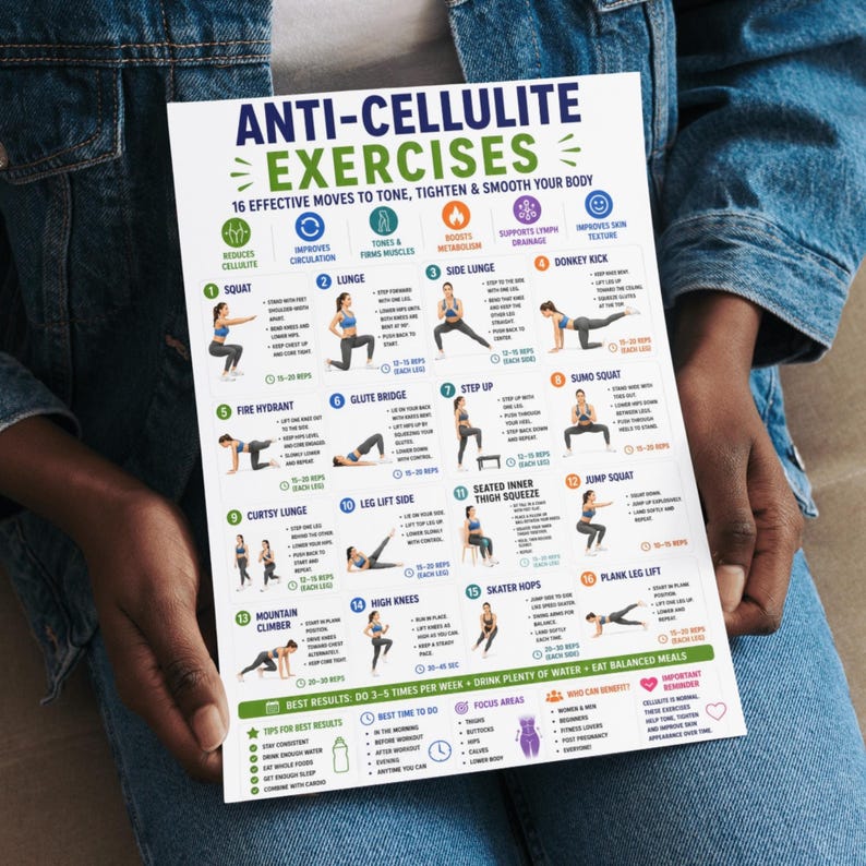 May include: A white informational poster titled Anti-Cellulite Exercises featuring sixteen numbered illustrations of fitness movements. The chart includes text descriptions for each exercise, benefits, and tips for best results in blue and green.