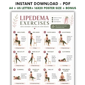 May include: An instructional PDF chart titled Lipedema Exercises featuring twelve numbered illustrations of physical movements. The document includes text descriptions for each exercise, rep counts, and a header noting instant download availability.