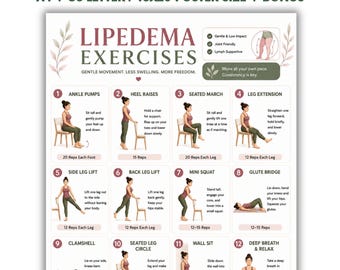 May include: An instructional PDF chart titled Lipedema Exercises featuring twelve numbered illustrations of physical movements. The document includes text descriptions for each exercise, rep counts, and a header noting instant download availability.