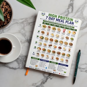 May include: A white notebook featuring a High Protein 7 Day Meal Plan with a grid of daily food icons, nutritional goals, and food sources. The cover includes text detailing breakfast, snack, lunch, and dinner options for each day of the week.