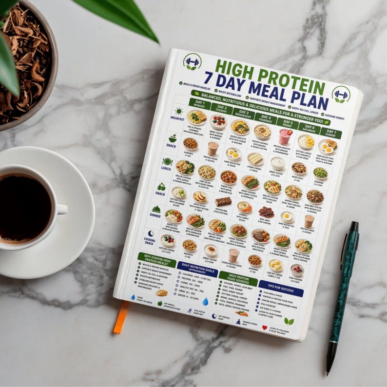 May include: A white notebook featuring a High Protein 7 Day Meal Plan with a grid of daily food icons, nutritional goals, and food sources. The cover includes text detailing breakfast, snack, lunch, and dinner options for each day of the week.