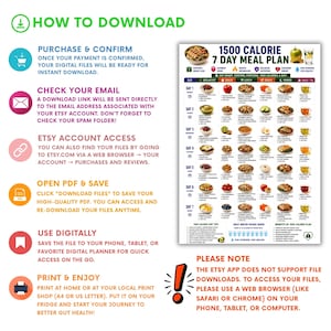 May include: A digital 1500 calorie 7-day meal plan chart featuring daily food icons, nutritional goals, and water intake guides. The document includes instructions on how to download, save, and print the PDF file for personal use.