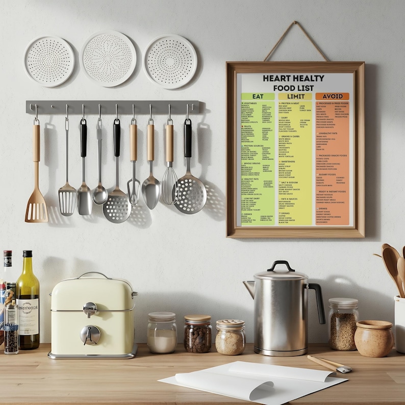May include: A kitchen scene with a variety of cooking utensils hanging above a countertop. A framed "Heart Healthy Food List" hangs on the wall. A cream-colored appliance, jars, and a stainless steel kettle are on the counter.
