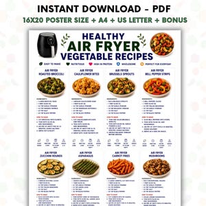 Może przedstawiać: Cyfrowy plakat zatytułowany Healthy Air Fryer Vegetable Recipes przedstawiający osiem różnych dań warzywnych wraz ze składnikami i instrukcjami. Układ zawiera zdjęcia brokułów, kalafiora, brukselki, papryki, cukinii, szparagów, marchewki i grzybów.