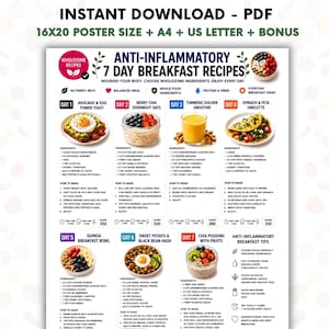 Anti Inflammatory 7 Day Breakfast Recipes, Healthy Breakfast Ideas, Anti Inflammatory Meal Plan Printable, Easy Breakfast Recipes PDF