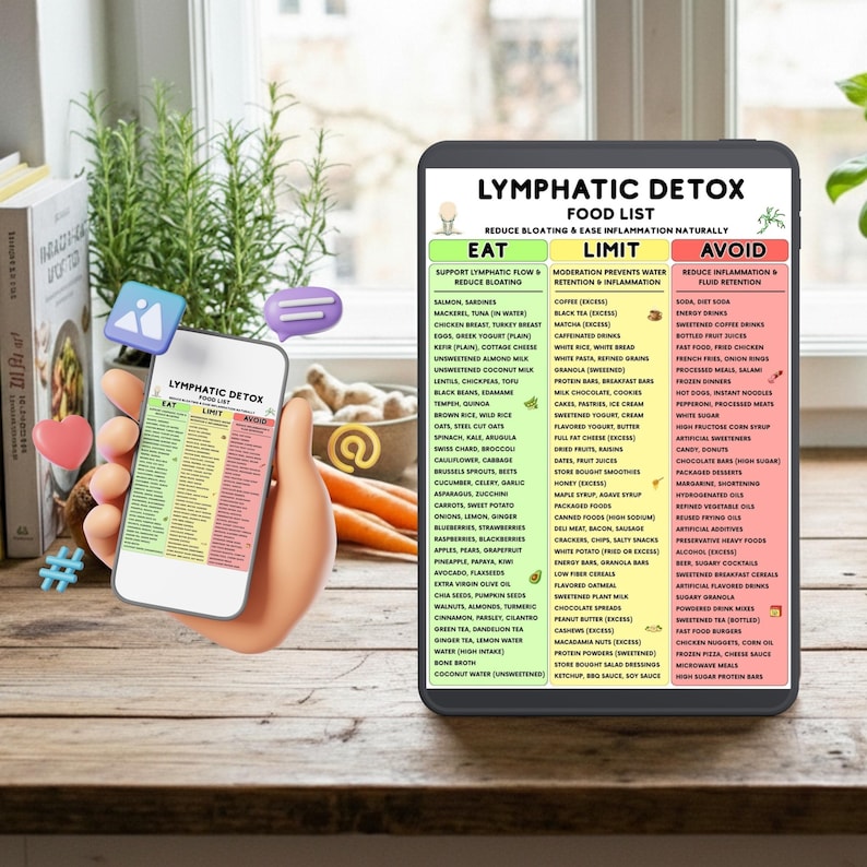 K&ouml;nnte beinhalten: Ein Tablet und ein Smartphone zeigen eine "Lymphatische Detox-Lebensmittelliste" mit den Abschnitten "Essen", "Einschr&auml;nken" und "Vermeiden". Die Liste enth&auml;lt verschiedene Lebensmittel und soll Bl&auml;hungen und Entz&uuml;ndungen reduzieren. Der Hintergrund umfasst Pflanzen und B&uuml;cher.