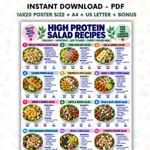 Op de afbeelding: Een digitale poster getiteld High Protein Salad Recipes met twaalf genummerde saladerecepten inclusief ingrediëntenlijsten, voedingswaarden en calorieën. Het document bevat tekst voor 16x20 posterformaat, A4 en US letter formaten.