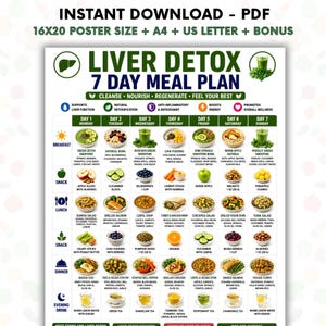 May include: A digital poster titled LIVER DETOX 7 DAY MEAL PLAN featuring a grid of daily food options from Monday to Sunday. The chart includes icons for breakfast, snacks, lunch, and dinner, with text descriptions of meals and ingredients.