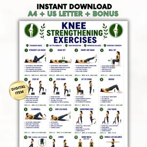 May include: A digital instructional chart titled Knee Strengthening Exercises featuring sixteen numbered illustrations of physical therapy movements. The white poster includes text descriptions for each exercise, green circular icons, and a gold digital item badge.