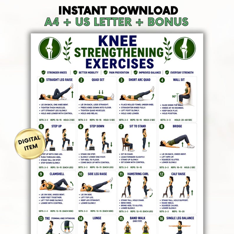 May include: A digital instructional chart titled Knee Strengthening Exercises featuring sixteen numbered illustrations of physical therapy movements. The white poster includes text descriptions for each exercise, green circular icons, and a gold digital item badge.