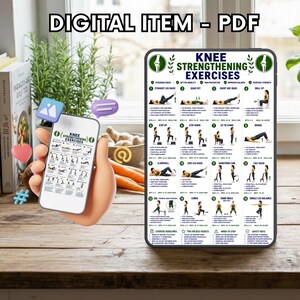 May include: A digital PDF item featuring a chart titled Knee Strengthening Exercises. The chart displays sixteen numbered illustrations of physical therapy movements with instructional text for each, including sets, reps, and hold times.