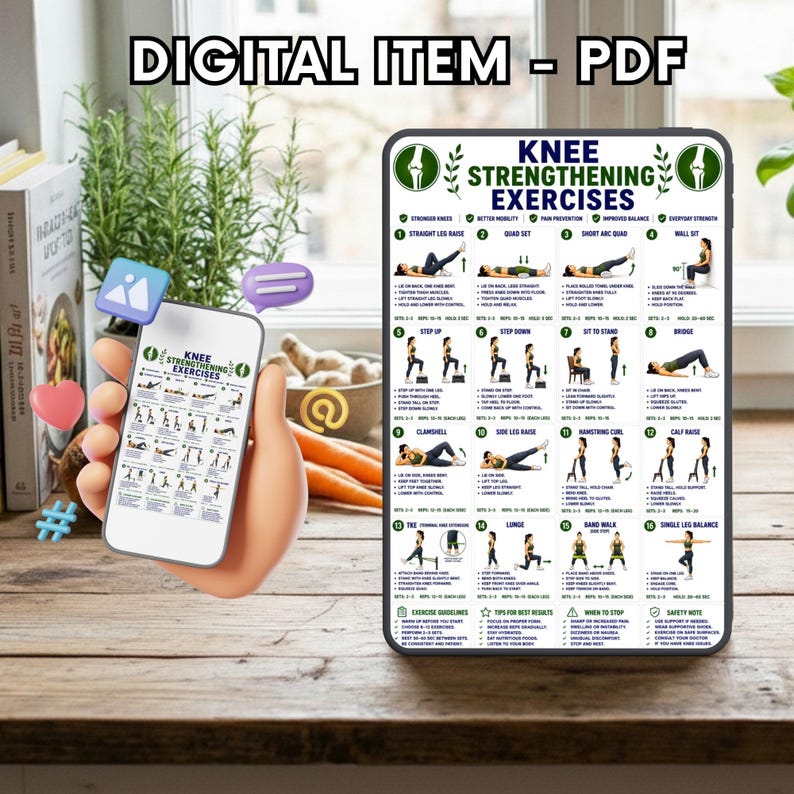 May include: A digital PDF item featuring a chart titled Knee Strengthening Exercises. The chart displays sixteen numbered illustrations of physical therapy movements with instructional text for each, including sets, reps, and hold times.
