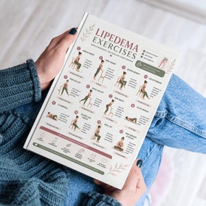 May include: A person holding a white book titled "Lipedema Exercises." The book features illustrations of exercises, including ankle pumps, heel raises, and seated march. The cover has a floral design and the text "Gentle Movement, Less Swelling, More Freedom."