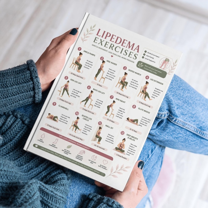 May include: A person holding a white book titled "Lipedema Exercises." The book features illustrations of exercises, including ankle pumps, heel raises, and seated march. The cover has a floral design and the text "Gentle Movement, Less Swelling, More Freedom."
