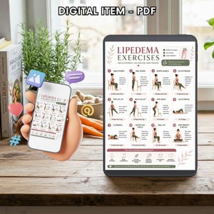 May include: A digital PDF with the text "DIGITAL ITEM - PDF" and "LIPEDEMA EXERCISES" displayed on a tablet and a smartphone. The tablet shows exercise diagrams. The smartphone is held by a cartoon hand with social media icons.