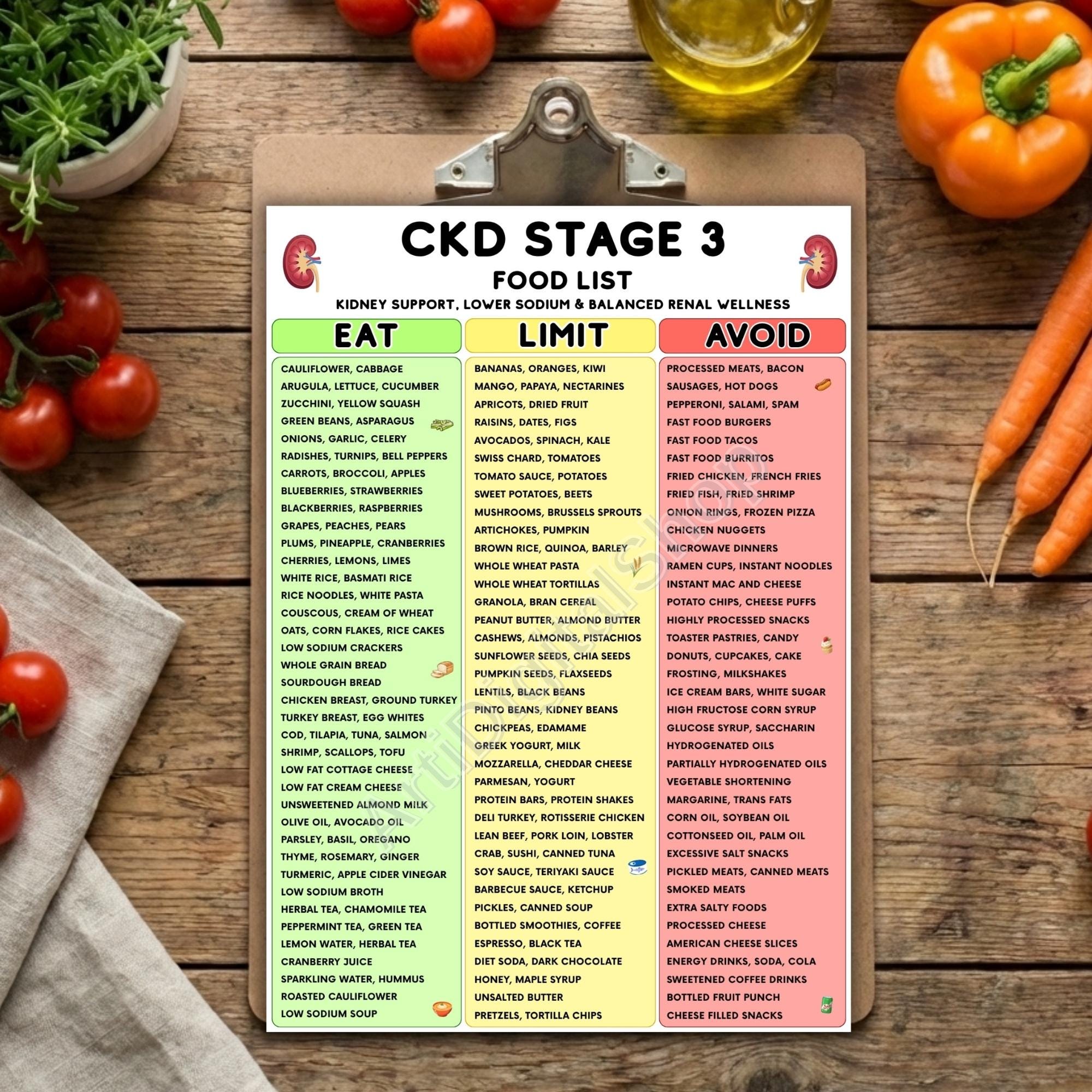CKD STAGE 3 Food List Printable, Kidney Friendly Renal Diet Eat Limit ...