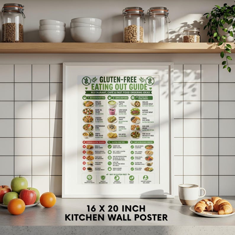 K&ouml;nnte beinhalten: Ein gerahmtes 40,6 x 50,8 cm gro&szlig;es K&uuml;chenwandposter mit dem Titel "Gluten-Free Eating Out Guide". Das Poster zeigt ein gr&uuml;n-wei&szlig;es Design mit Ideen zur Essensbestellung. Eine Tasse Kaffee und ein Croissant stehen auf der Theke.