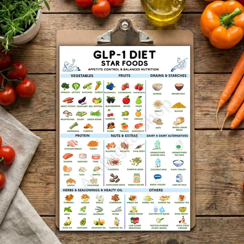 以下が含まれることがあります： GLP-1 DIET STAR FOODSと印刷されたクリップボード。野菜、果物、穀物、デンプン、タンパク質、ナッツ、乳製品、ハーブ、調味料のイラストが分類され、各項目に明確なテキストラベルが付いたグリッド形式のチャートが記載されています。