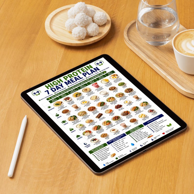 May include: A digital tablet displaying a High Protein 7 Day Meal Plan chart with daily food icons, nutritional goals, and tips for success. The screen features a grid layout with breakfast, lunch, dinner, and snack options for each day of the week.