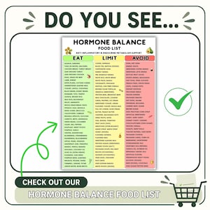 May include: A colorful infographic titled "Hormone Balance Food List" with three columns: "Eat," "Limit," and "Avoid." The list includes various food items categorized for anti-inflammatory and endocrine metabolism support. A green checkmark is visible.