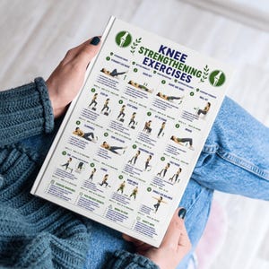 May include: A white instructional chart titled Knee Strengthening Exercises featuring sixteen numbered illustrations of physical therapy movements. The document includes text descriptions for each exercise, sets, repetitions, and safety guidelines.