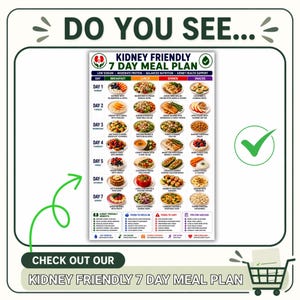 May include: A rectangular chart titled Kidney Friendly 7 Day Meal Plan featuring a grid of daily food suggestions for breakfast, lunch, dinner, and snacks. The document includes sections for kidney friendly benefits, foods to focus on, and tips.