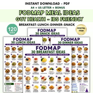 Utskrivbart paket med måltidsidéer med lågt FODMAP-innehåll | 120 idéer för frukost, lunch och middag, mellanmål | IBS-vänlig matguide | Måltidsplanerare för tarmhälsa i PDF-format