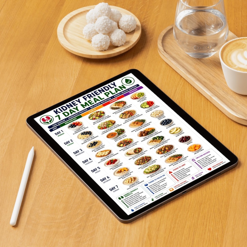 May include: A digital tablet displaying a Kidney Friendly 7 Day Meal Plan with a grid of daily breakfast, lunch, dinner, and snack options. The screen features colourful food icons, nutritional guidelines, and tips for success, accompanied by a white stylus.