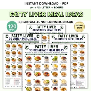 Può includere: Una guida digitale ai pasti in formato PDF intitolata FATTY LIVER MEAL IDEAS, che presenta 120 suggerimenti per colazione, pranzo, cena e spuntini. Il documento include elenchi di alimenti, benefici nutrizionali e icone informative.