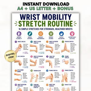 May include: A digital instructional poster titled WRIST MOBILITY STRETCH ROUTINE featuring 16 numbered illustrations of hand and wrist exercises. The chart includes text descriptions for each movement, icons for benefits, and a gold DIGITAL ITEM badge.