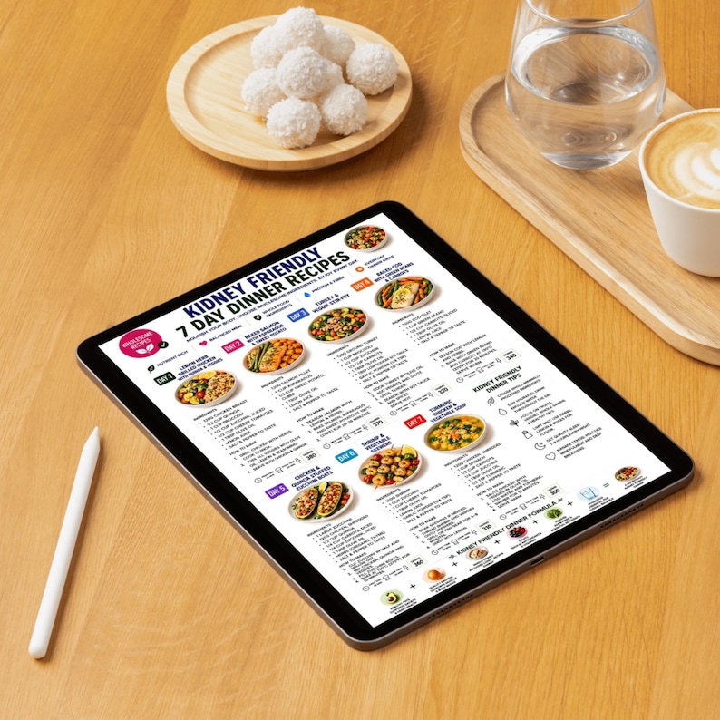 May include: A digital tablet displaying a document titled Kidney Friendly 7 Day Dinner Recipes, featuring a weekly meal plan with images of prepared dishes, ingredient lists, and cooking instructions, accompanied by a white stylus pen.