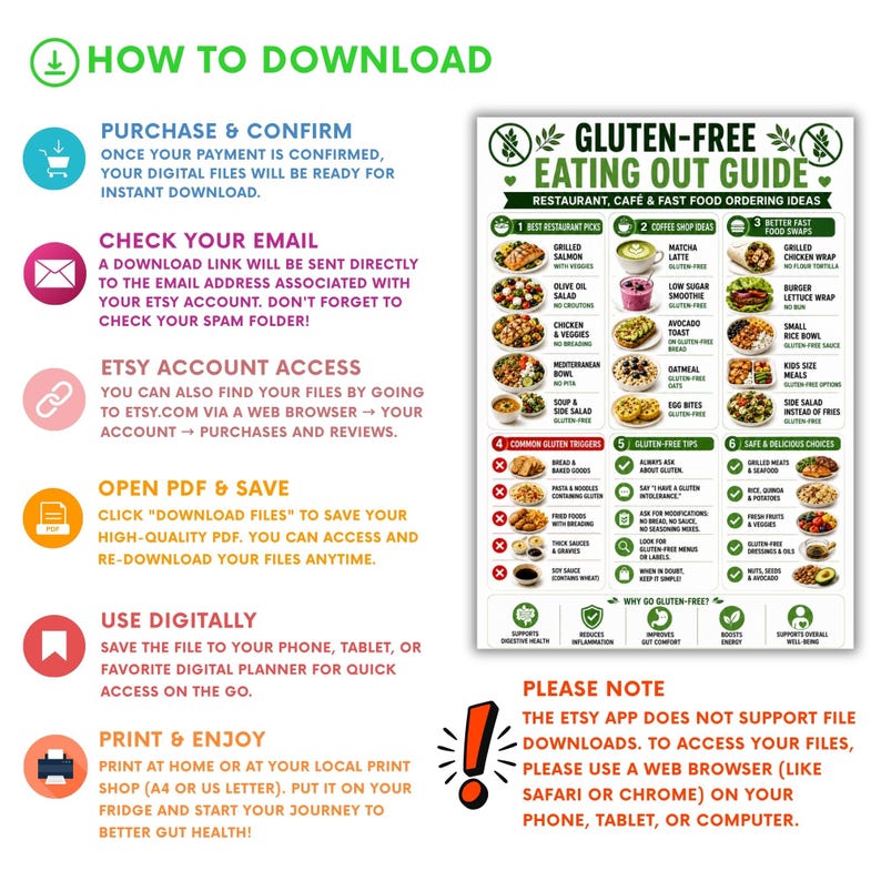 K&ouml;nnte beinhalten: Ein herunterladbarer Leitfaden f&uuml;r glutenfreies Essen mit Ideen f&uuml;r Bestellungen in Restaurants, Caf&eacute;s und Fast-Food-Restaurants. Der Leitfaden enth&auml;lt Tipps, h&auml;ufige Gluten-Ausl&ouml;ser und sichere Lebensmittelauswahl.