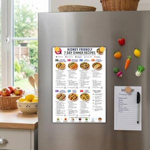 May include: A rectangular magnetic chart titled Kidney Friendly 7 Day Dinner Recipes featuring a meal plan with seven days of food images, ingredient lists, and cooking instructions, displayed on a stainless steel refrigerator surface.