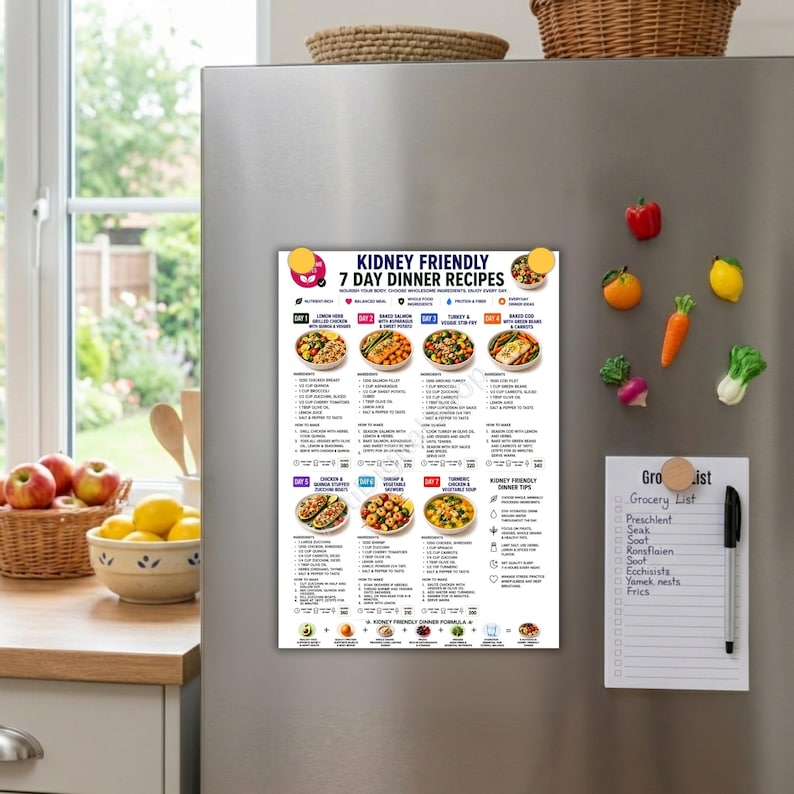 May include: A rectangular magnetic chart titled Kidney Friendly 7 Day Dinner Recipes featuring a meal plan with seven days of food images, ingredient lists, and cooking instructions, displayed on a stainless steel refrigerator surface.