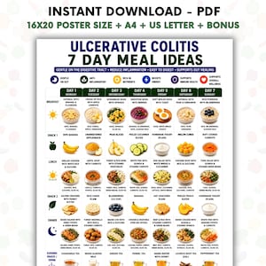 May include: A digital meal plan chart titled Ulcerative Colitis 7 Day Meal Ideas, featuring a grid layout with daily food suggestions from Monday to Sunday. It includes icons for breakfast, snacks, lunch, and dinner, with text descriptions of meals and ingredients for each day.