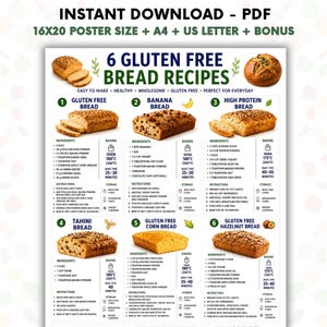Può includere: Una scheda di ricette digitale intitolata 6 Gluten Free Bread Recipes che presenta sei diversi tipi di pane, tra cui pane alla banana e al tahini. Il documento elenca ingredienti, temperature di cottura in Celsius e istruzioni per ogni ricetta.