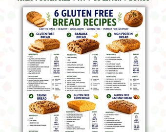 Könnte beinhalten: Eine digitale Rezeptübersicht mit dem Titel 6 Gluten Free Bread Recipes, die sechs verschiedene Brotsorten wie Bananen- und Tahini-Brot zeigt. Das Dokument enthält Zutaten, Backtemperaturen in Celsius und Anleitungen für jedes Rezept.