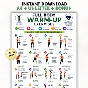 Könnte beinhalten: Ein digitales Poster mit dem Titel Full Body Warm-Up Exercises, das sechzehn nummerierte Illustrationen einer Person bei verschiedenen Dehnübungen und Bewegungen zeigt. Die Grafik enthält Textanweisungen, Zeitangaben und Symbole.