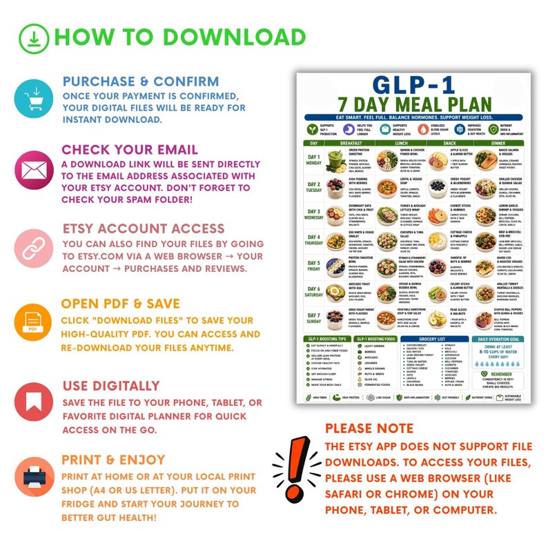 Plan de comidas GLP-1 de 7 días para imprimir, Plan de comidas GLP-1 en PDF, Planificador de comidas para bajar de peso, Plan de dieta alta en proteínas y baja en azúcar, Guía semanal de alimentación saludable imagen 12