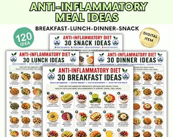 Paquete imprimible de ideas para comidas antiinflamatorias, dieta antiinflamatoria, plan de comidas saludables, 120 ideas de comidas, guía de alimentación para el bienestar.