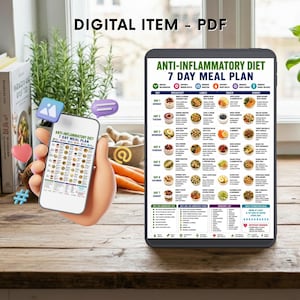 May include: A digital PDF anti-inflammatory diet 7-day meal plan displayed on a tablet and a smartphone. The chart features daily meal suggestions, grocery lists, and health tips with icons for breakfast, lunch, snack, and dinner options.