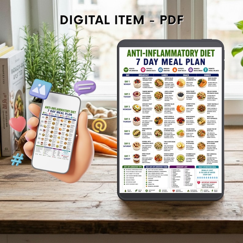 May include: A digital PDF anti-inflammatory diet 7-day meal plan displayed on a tablet and a smartphone. The chart features daily meal suggestions, grocery lists, and health tips with icons for breakfast, lunch, snack, and dinner options.