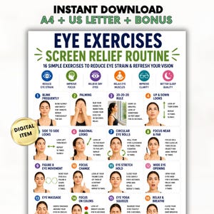 Eye Exercises Printable, Vision Therapy Exercises, Screen Time Eye Care, Digital Eye Fatigue Relief, 20-20-20 Rule PDF