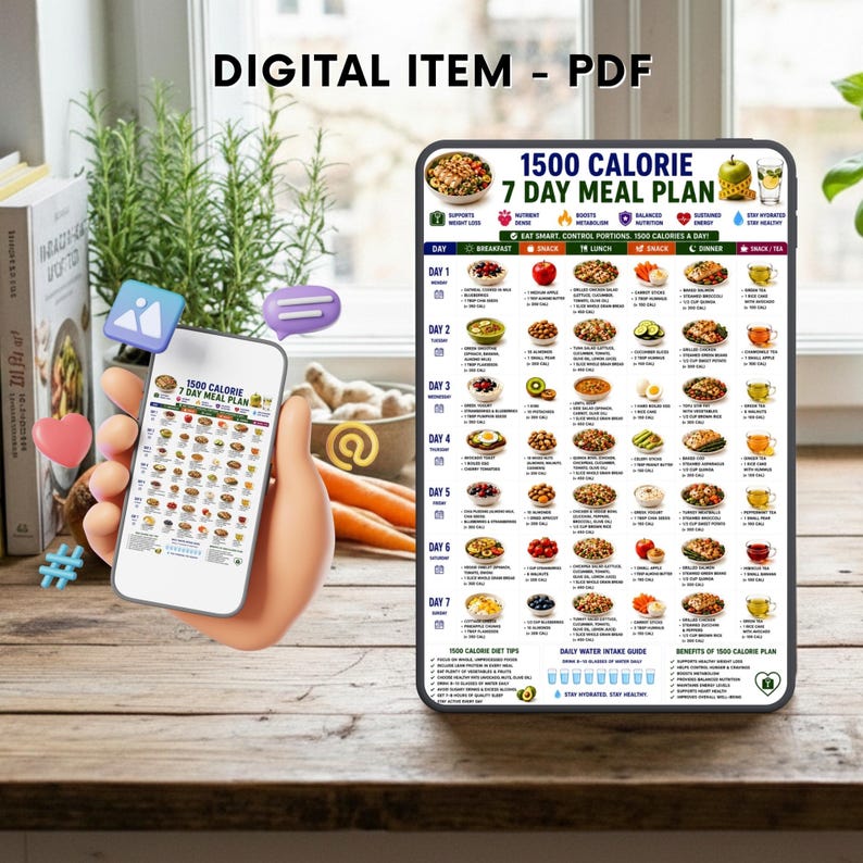 May include: A digital 1500 calorie 7 day meal plan displayed on a tablet screen and a smartphone. The chart features a daily schedule with breakfast, lunch, dinner, and snack options, including icons for nutrition, water intake, and health benefits.