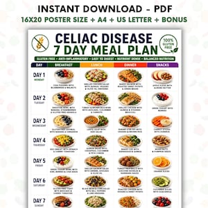 May include: A digital PDF meal plan chart titled Celiac Disease 7 Day Meal Plan. The grid displays seven days of breakfast, lunch, dinner, and snack options with food illustrations. Text includes Instant Download, 16x20 Poster Size, A4, US Letter, and Bonus.