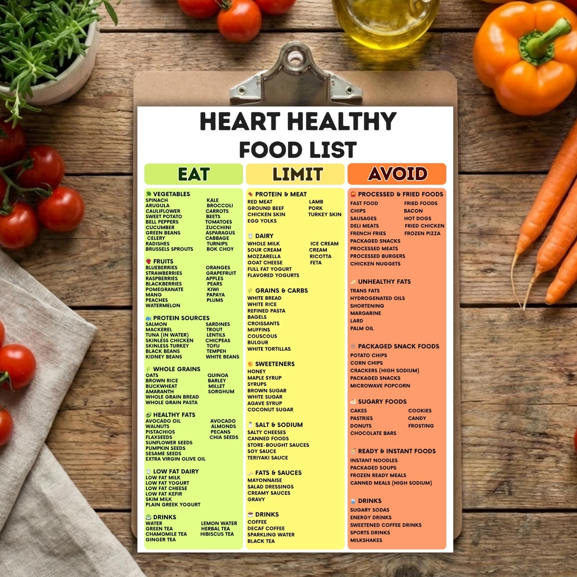 Heart Healthy Food List Printable, Eat Limit Avoid Diet Guide, Cardiac ...