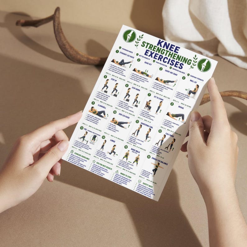 May include: A white rectangular instructional chart titled Knee Strengthening Exercises featuring sixteen numbered illustrations of physical therapy movements, including straight leg raises, step ups, wall sits, and lunges with text instructions.