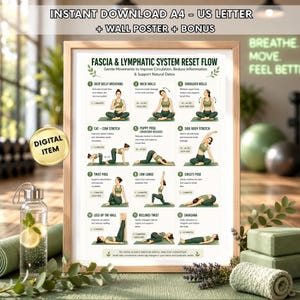 May include: A framed poster with the title "Fascia & Lymphatic System Reset Flow" and illustrations of yoga poses. The poster includes the text "Instant Download A4 - US Letter + Wall Poster + Bonus". A water bottle and yoga mat are in the foreground.
