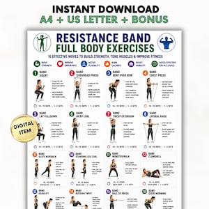 Peut inclure: Une affiche pédagogique numérique intitulée Resistance Band Full Body Exercises, présentant 16 illustrations numérotées de personnes effectuant divers exercices de fitness avec des bandes de résistance, incluant des instructions pour les répétitions.